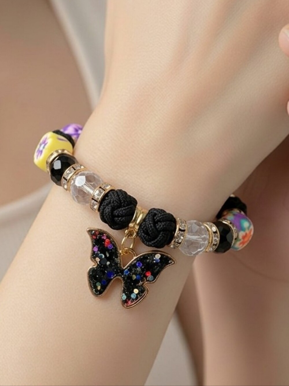 Butterfly Charm Beaded Bracelet Black Floral Boho Whimsical Cottagecore Jewelry